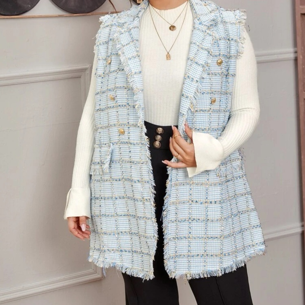 Frayed trim light blue tweed blazer vest with gold buttons sleeveless